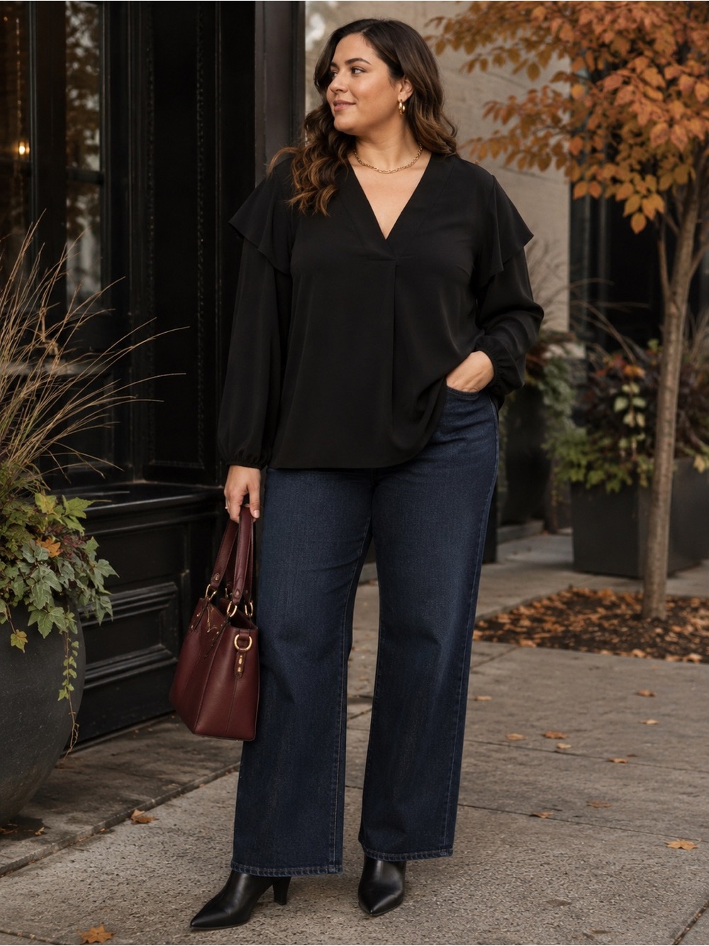 NWT Andrée by Unit 1X Black Layered Sleeve V Neck Blouse